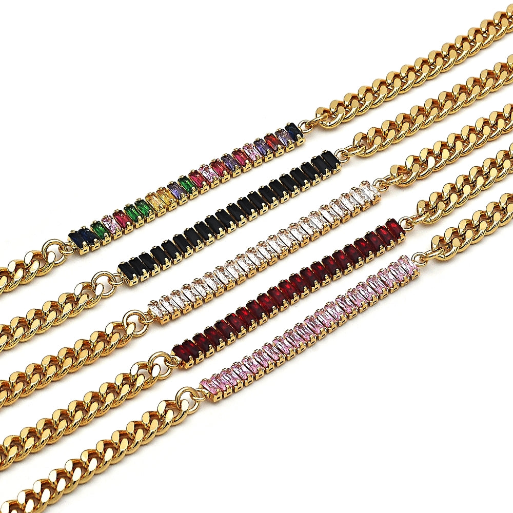 Oro Laminado Fancy Bracelet, Gold Filled Style Miami Cuban and Baguette Design, with Multicolor Cubic Zirconia, Polished, Golden Finish