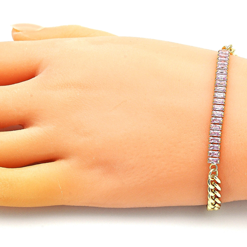 Oro Laminado Fancy Bracelet, Gold Filled Style Miami Cuban and Baguette Design, with Pink Cubic Zirconia, Polished, Golden Finish