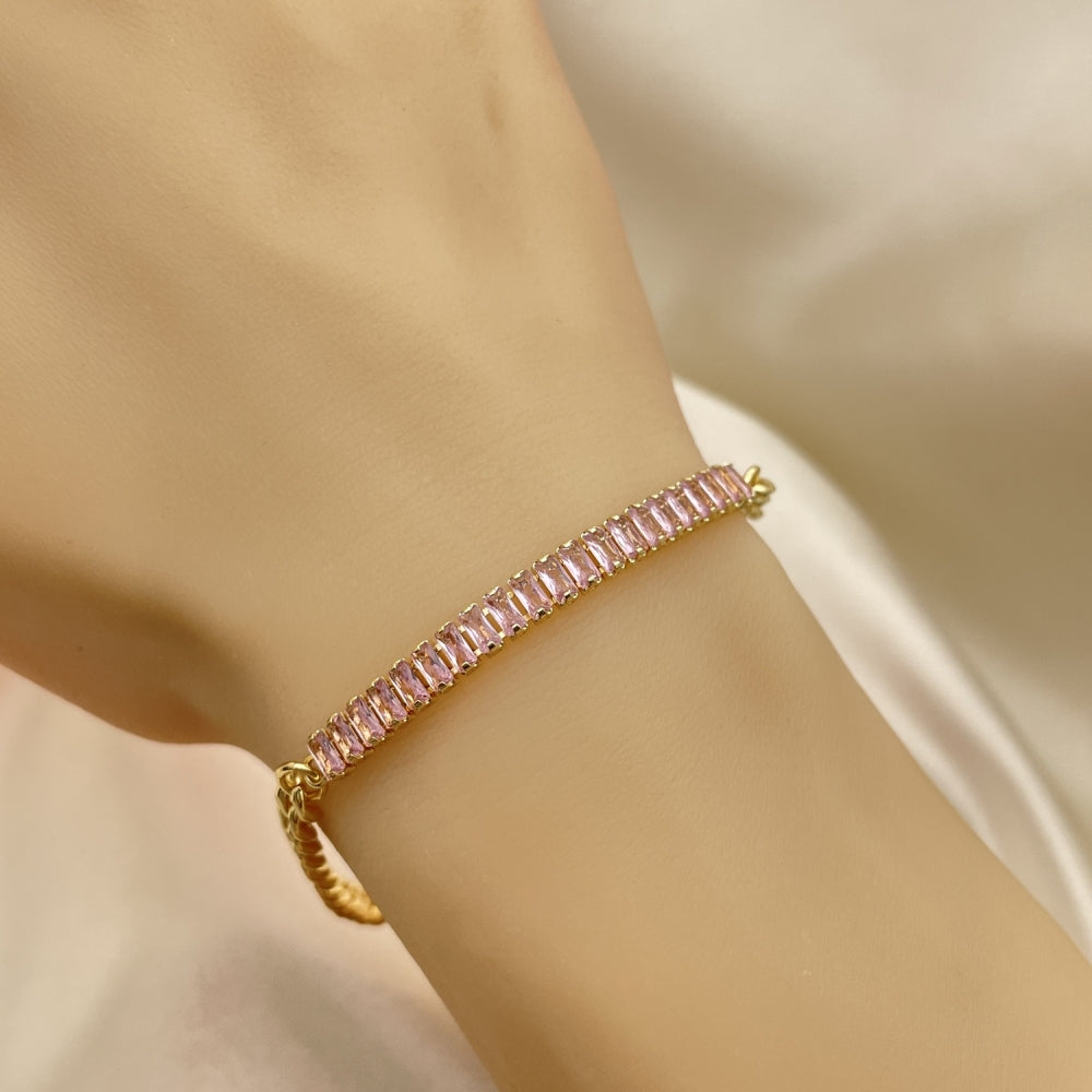Oro Laminado Fancy Bracelet, Gold Filled Style Miami Cuban and Baguette Design, with Pink Cubic Zirconia, Polished, Golden Finish