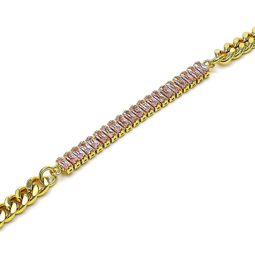 Oro Laminado Fancy Bracelet, Gold Filled Style Miami Cuban and Baguette Design, with Pink Cubic Zirconia, Polished, Golden Finish
