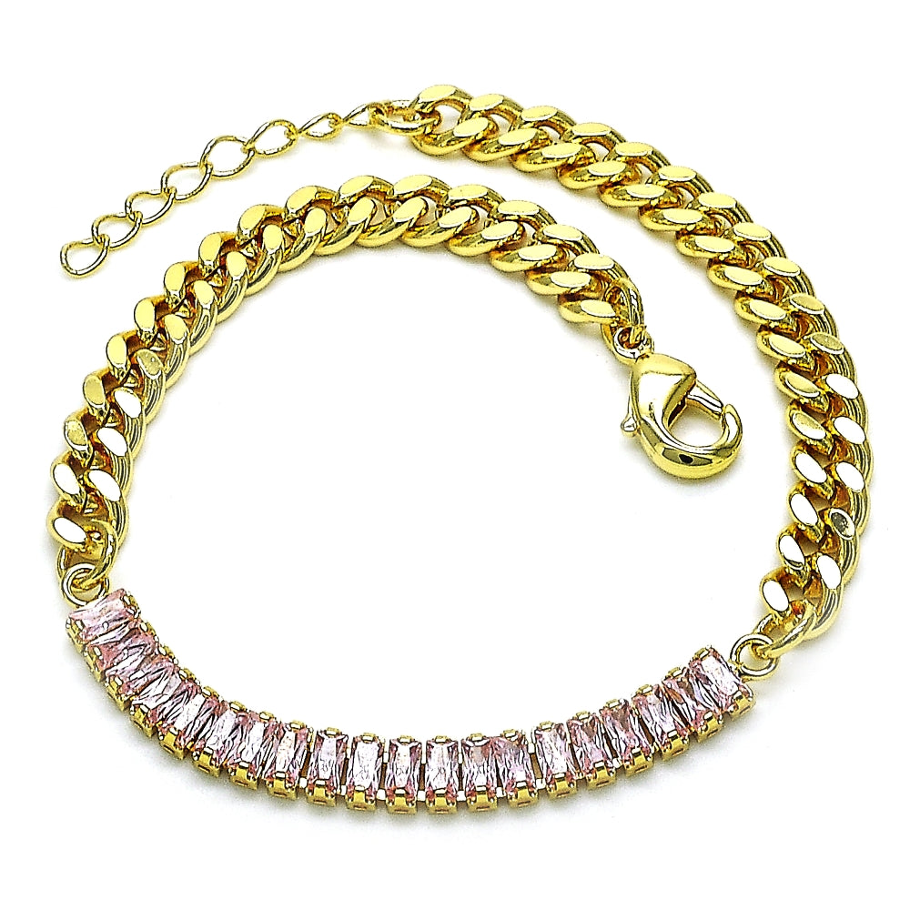 Oro Laminado Fancy Bracelet, Gold Filled Style Miami Cuban and Baguette Design, with Pink Cubic Zirconia, Polished, Golden Finish