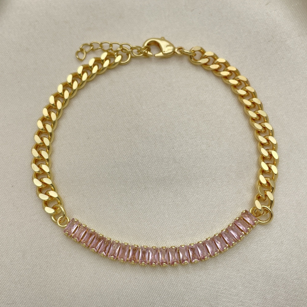 Oro Laminado Fancy Bracelet, Gold Filled Style Miami Cuban and Baguette Design, with Pink Cubic Zirconia, Polished, Golden Finish