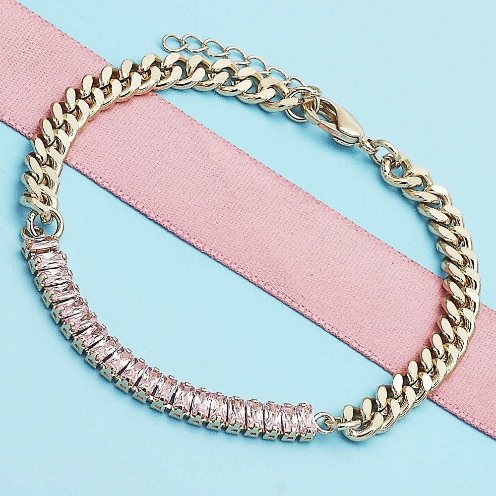 Oro Laminado Fancy Bracelet, Gold Filled Style Miami Cuban and Baguette Design, with Pink Cubic Zirconia, Polished, Golden Finish
