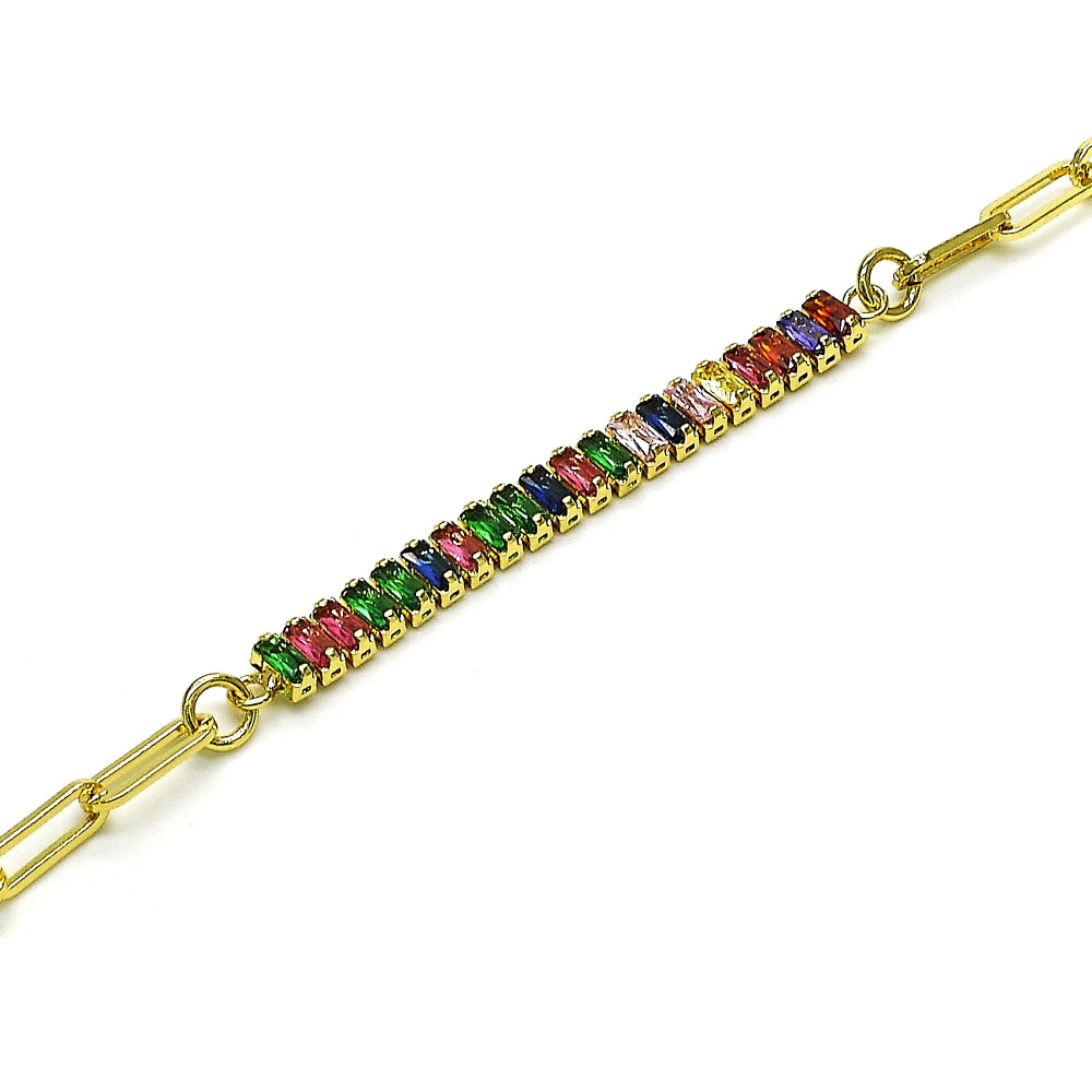 Oro Laminado Fancy Bracelet, Gold Filled Style Paperclip and Baguette Design, with Multicolor Cubic Zirconia, Polished, Golden Finish