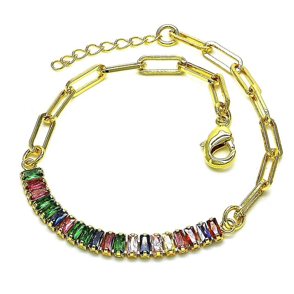 Oro Laminado Fancy Bracelet, Gold Filled Style Paperclip and Baguette Design, with Multicolor Cubic Zirconia, Polished, Golden Finish