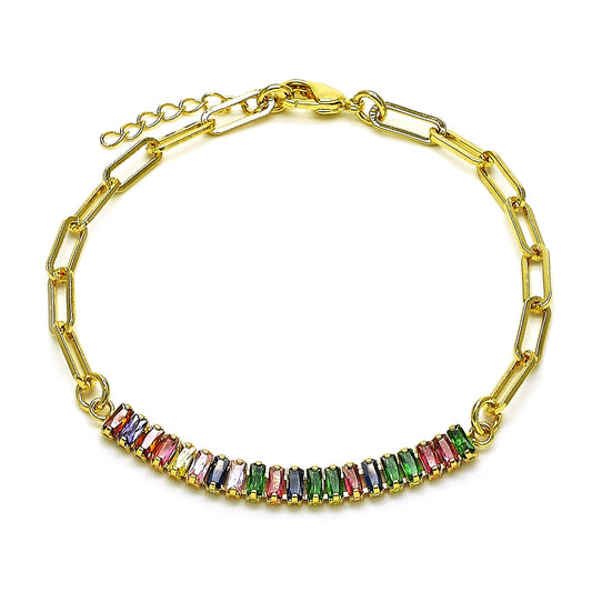 Oro Laminado Fancy Bracelet, Gold Filled Style Paperclip and Baguette Design, with Multicolor Cubic Zirconia, Polished, Golden Finish