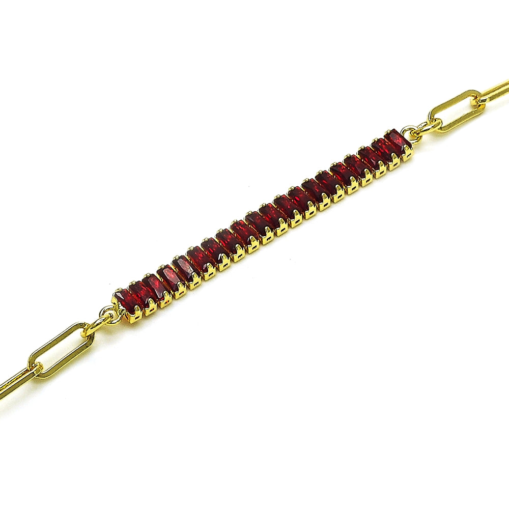 Oro Laminado Fancy Bracelet, Gold Filled Style Paperclip and Baguette Design, with Garnet Cubic Zirconia, Polished, Golden Finish