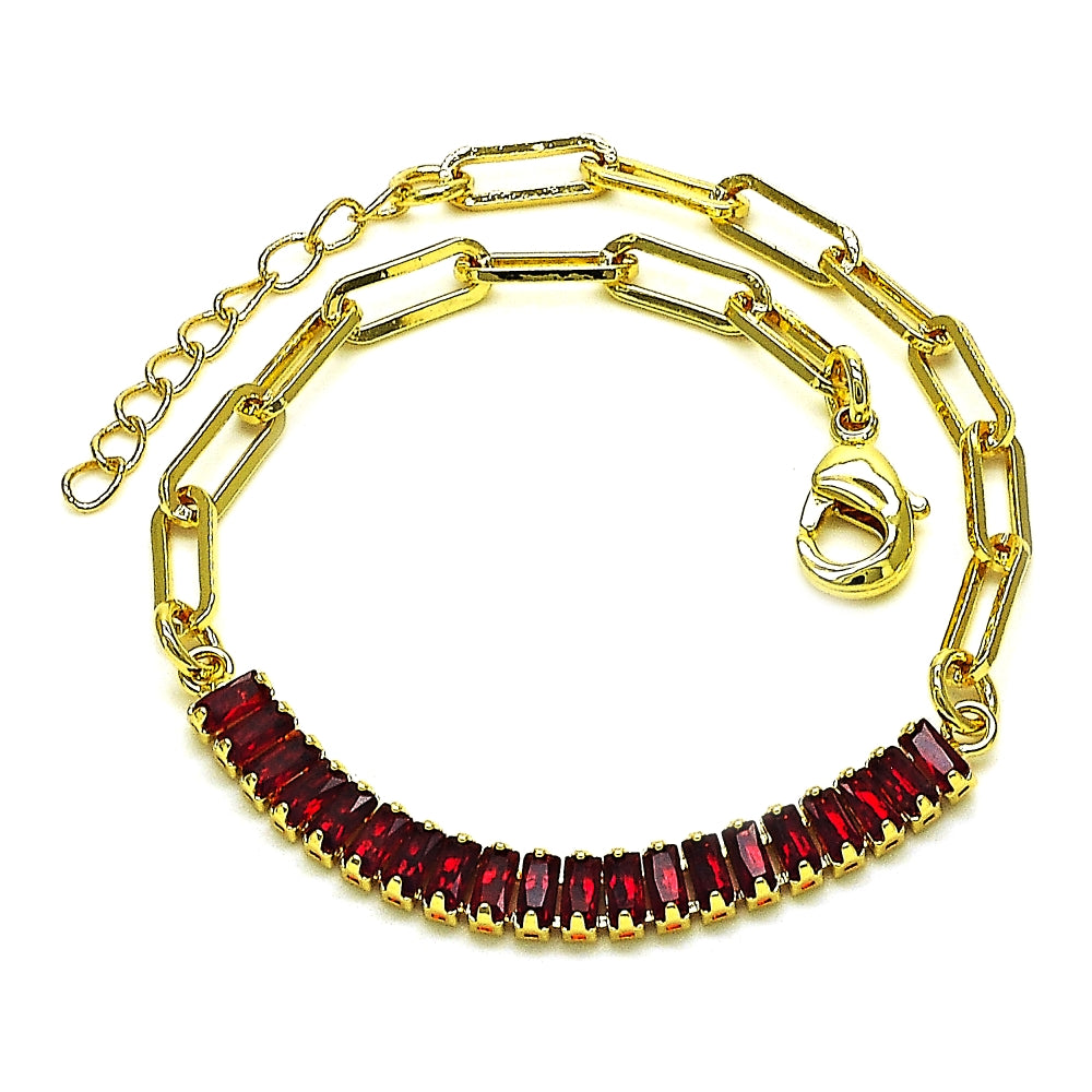 Oro Laminado Fancy Bracelet, Gold Filled Style Paperclip and Baguette Design, with Garnet Cubic Zirconia, Polished, Golden Finish
