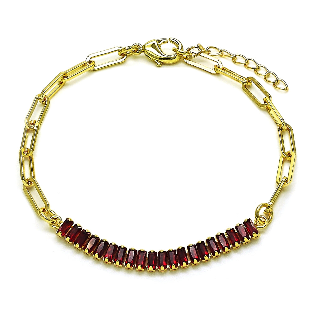 Oro Laminado Fancy Bracelet, Gold Filled Style Paperclip and Baguette Design, with Garnet Cubic Zirconia, Polished, Golden Finish