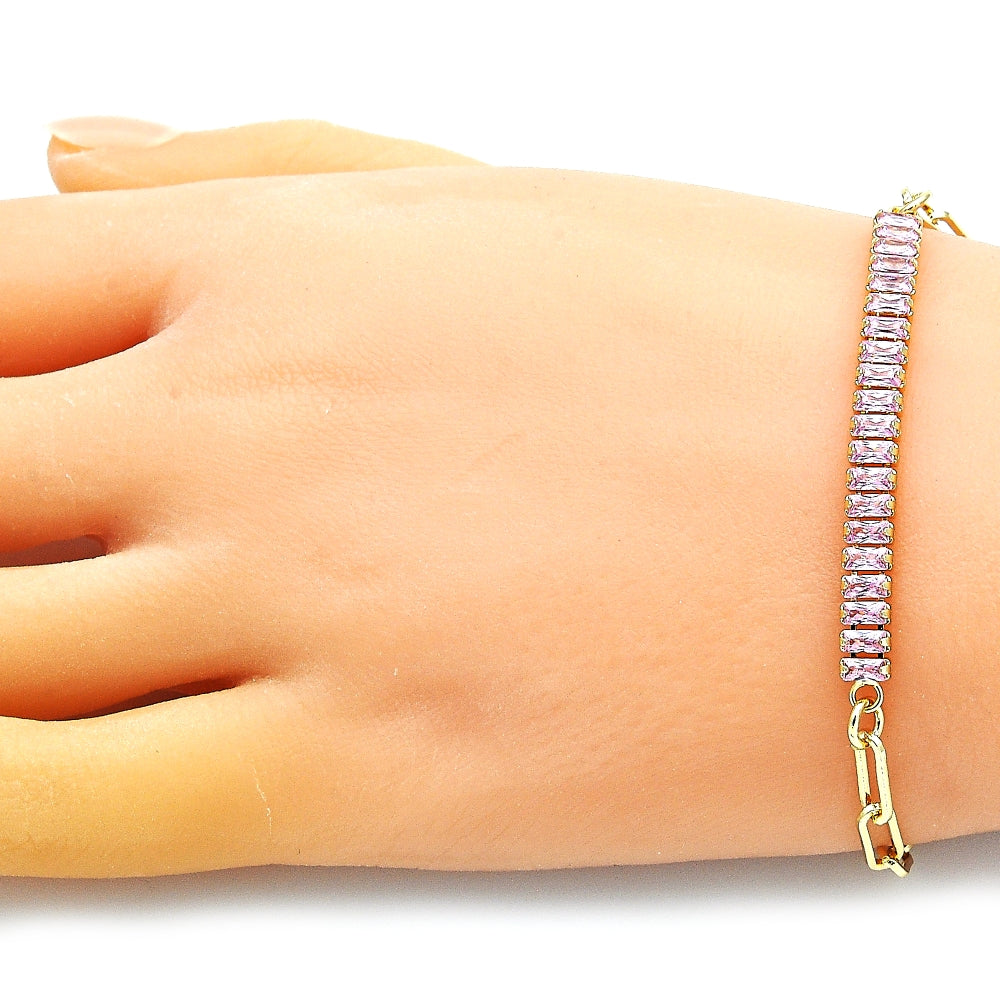 Oro Laminado Fancy Bracelet, Gold Filled Style Paperclip and Baguette Design, with Pink Cubic Zirconia, Polished, Golden Finish