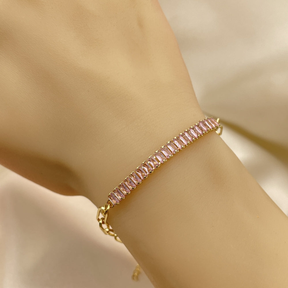 Oro Laminado Fancy Bracelet, Gold Filled Style Paperclip and Baguette Design, with Pink Cubic Zirconia, Polished, Golden Finish