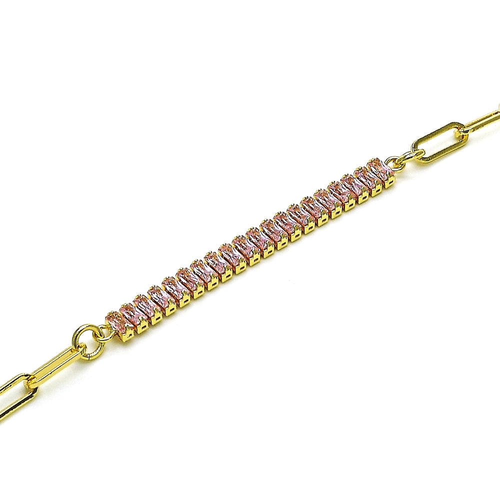 Oro Laminado Fancy Bracelet, Gold Filled Style Paperclip and Baguette Design, with Pink Cubic Zirconia, Polished, Golden Finish