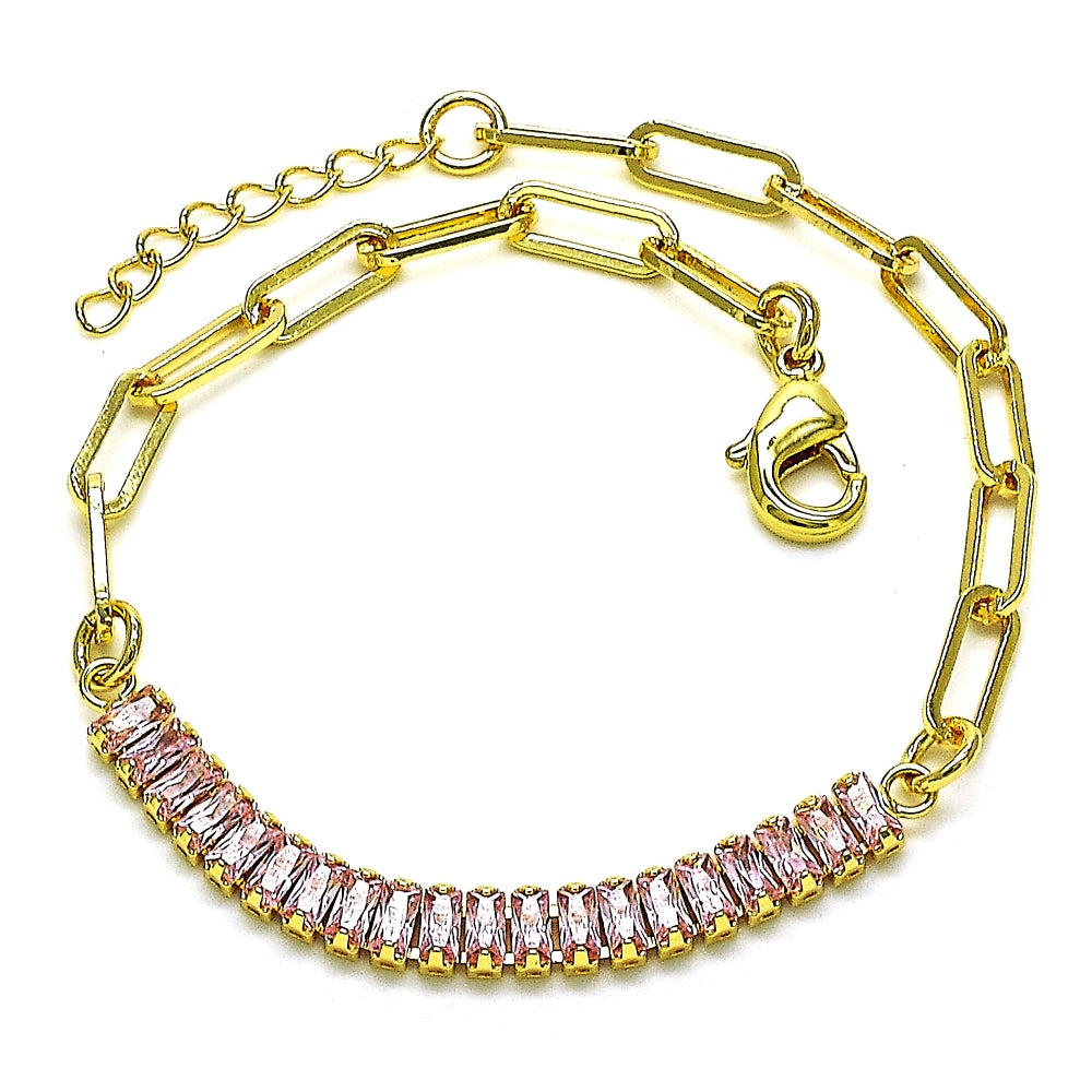 Oro Laminado Fancy Bracelet, Gold Filled Style Paperclip and Baguette Design, with Pink Cubic Zirconia, Polished, Golden Finish