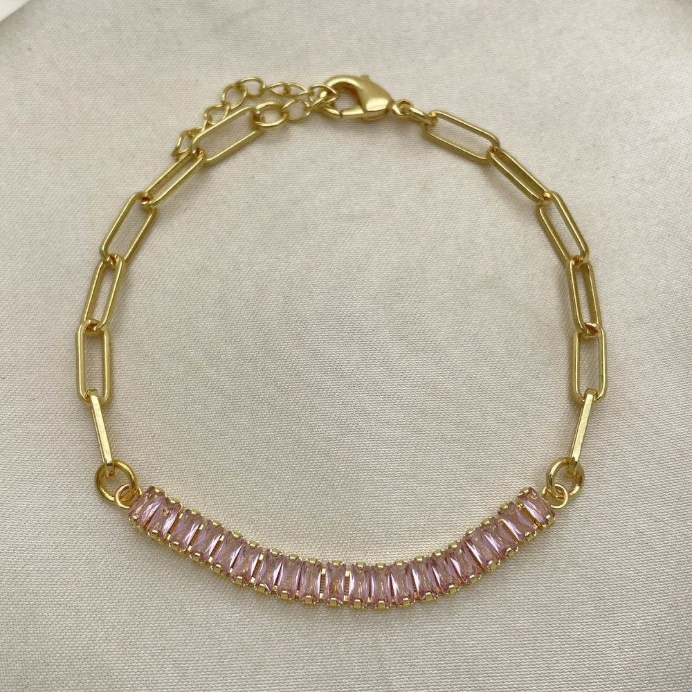 Oro Laminado Fancy Bracelet, Gold Filled Style Paperclip and Baguette Design, with Pink Cubic Zirconia, Polished, Golden Finish