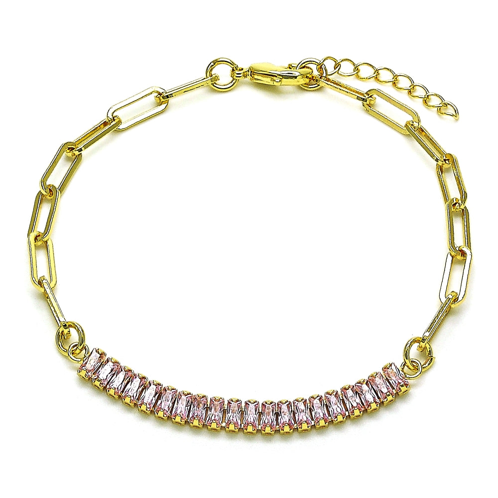 Oro Laminado Fancy Bracelet, Gold Filled Style Paperclip and Baguette Design, with Pink Cubic Zirconia, Polished, Golden Finish