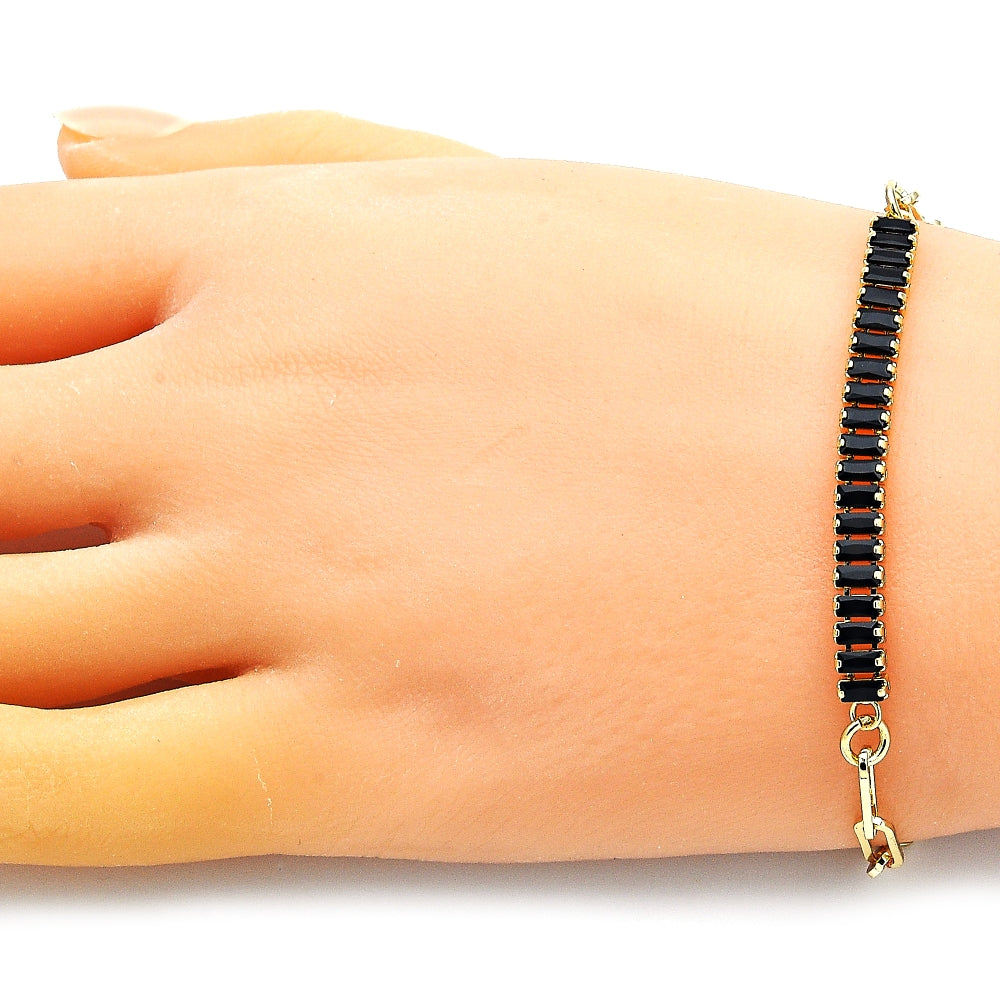 Oro Laminado Fancy Bracelet, Gold Filled Style Paperclip and Baguette Design, with Black Cubic Zirconia, Polished, Golden Finish