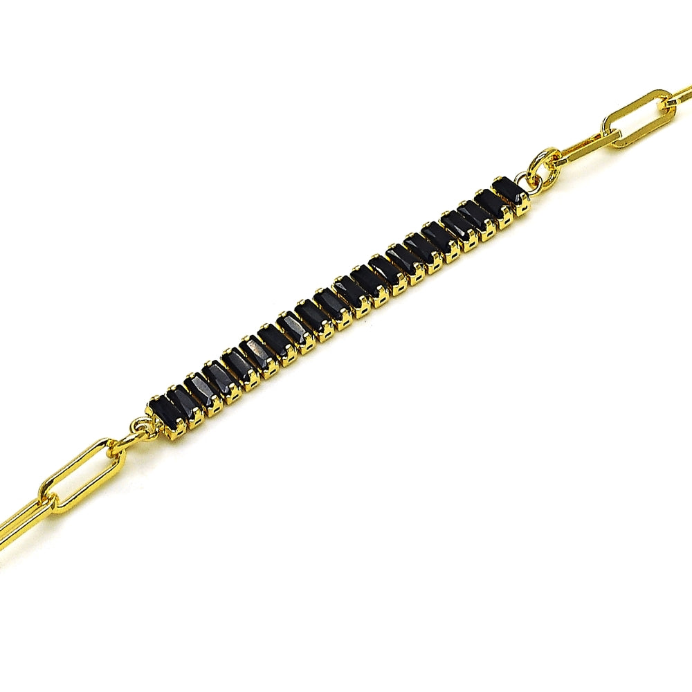 Oro Laminado Fancy Bracelet, Gold Filled Style Paperclip and Baguette Design, with Black Cubic Zirconia, Polished, Golden Finish