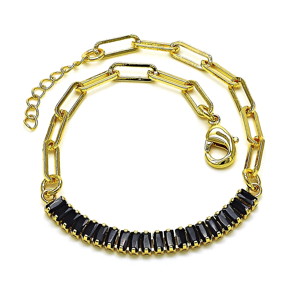Oro Laminado Fancy Bracelet, Gold Filled Style Paperclip and Baguette Design, with Black Cubic Zirconia, Polished, Golden Finish