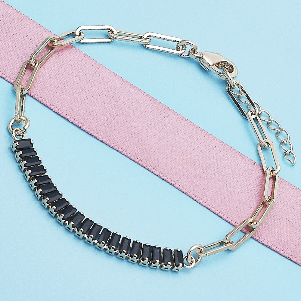 Oro Laminado Fancy Bracelet, Gold Filled Style Paperclip and Baguette Design, with Black Cubic Zirconia, Polished, Golden Finish
