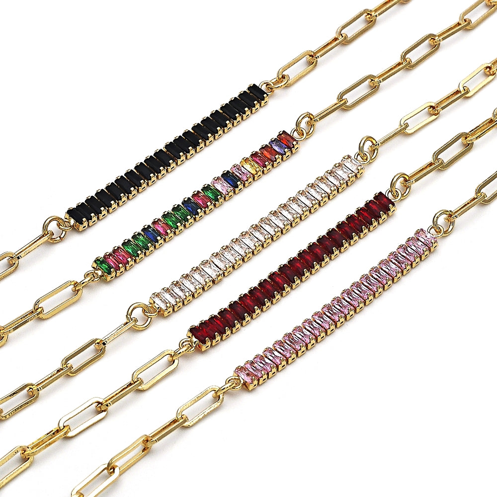 Oro Laminado Fancy Bracelet, Gold Filled Style Paperclip and Baguette Design, with Black Cubic Zirconia, Polished, Golden Finish