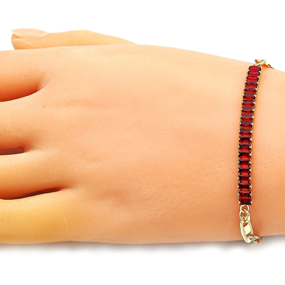 Oro Laminado Fancy Bracelet, Gold Filled Style Mariner and Baguette Design, with Garnet Cubic Zirconia, Polished, Golden Finish