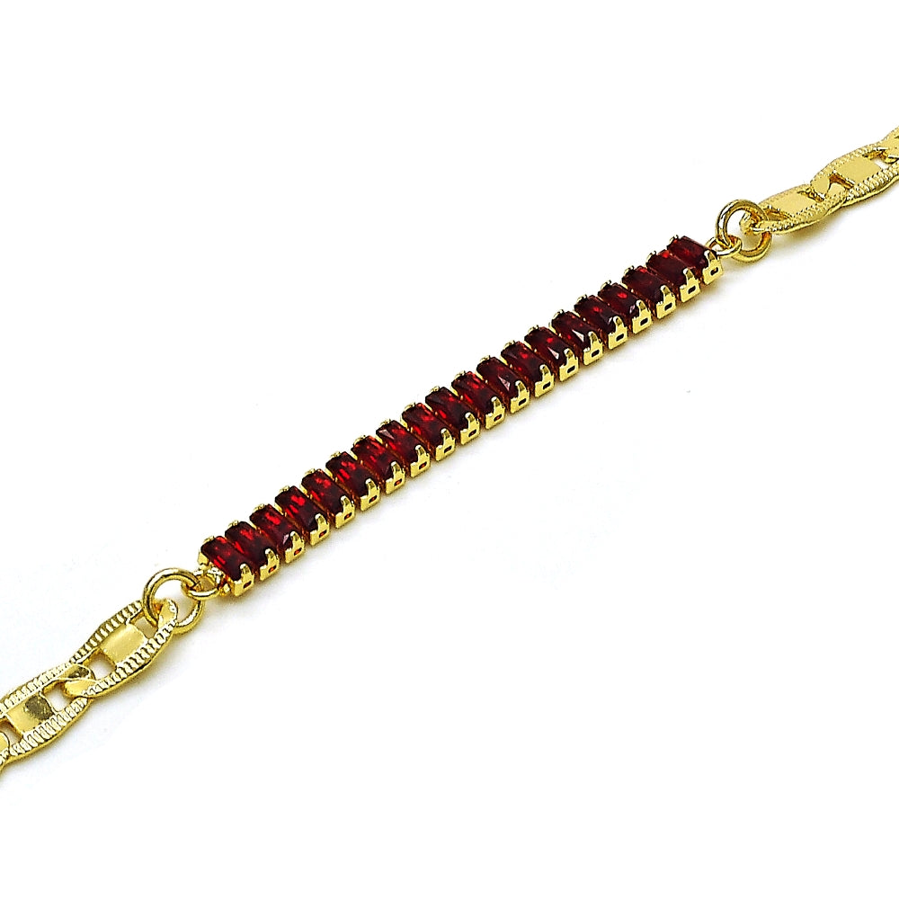 Oro Laminado Fancy Bracelet, Gold Filled Style Mariner and Baguette Design, with Garnet Cubic Zirconia, Polished, Golden Finish