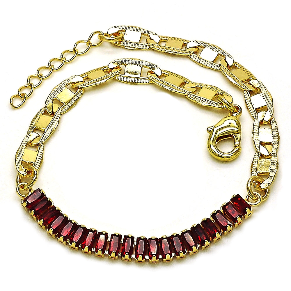Oro Laminado Fancy Bracelet, Gold Filled Style Mariner and Baguette Design, with Garnet Cubic Zirconia, Polished, Golden Finish