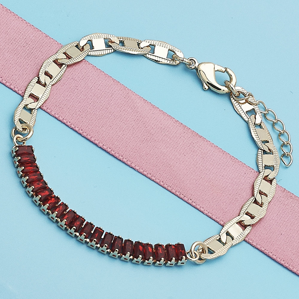 Oro Laminado Fancy Bracelet, Gold Filled Style Mariner and Baguette Design, with Garnet Cubic Zirconia, Polished, Golden Finish