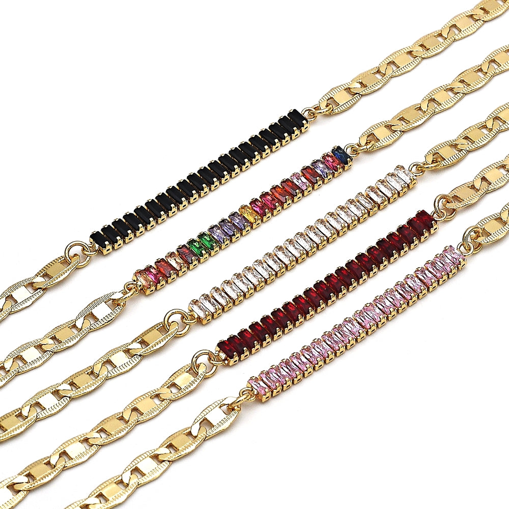 Oro Laminado Fancy Bracelet, Gold Filled Style Mariner and Baguette Design, with Garnet Cubic Zirconia, Polished, Golden Finish