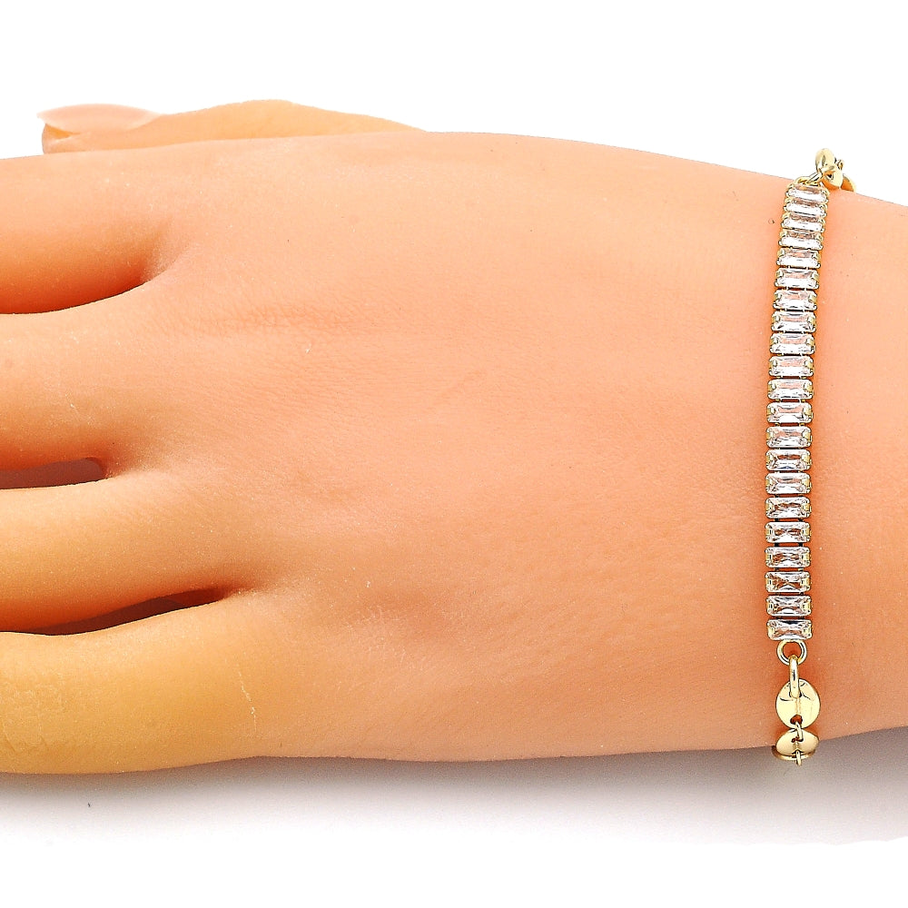 Oro Laminado Fancy Bracelet, Gold Filled Style Puff Mariner Design, with White Cubic Zirconia, Polished, Golden Finish