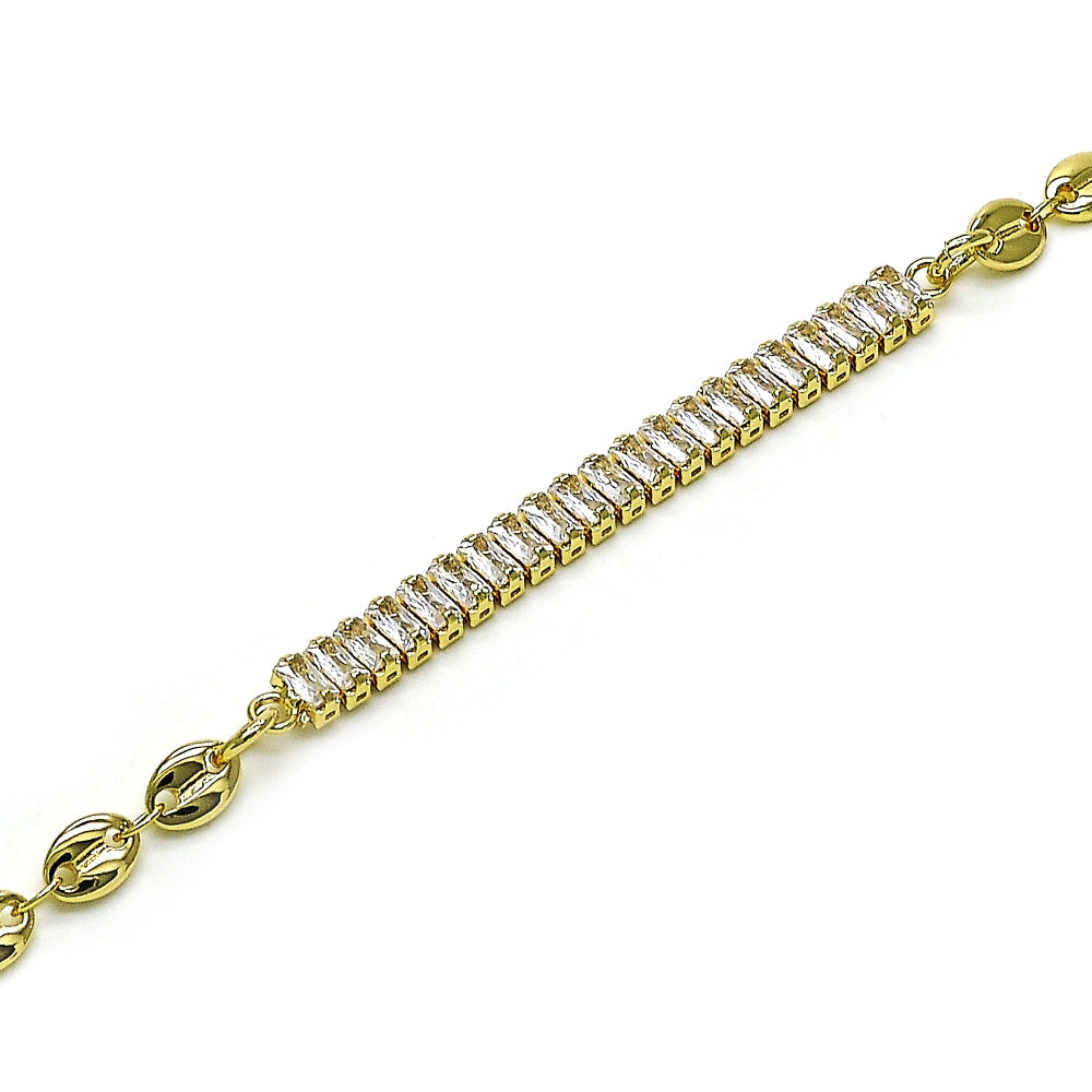 Oro Laminado Fancy Bracelet, Gold Filled Style Puff Mariner Design, with White Cubic Zirconia, Polished, Golden Finish