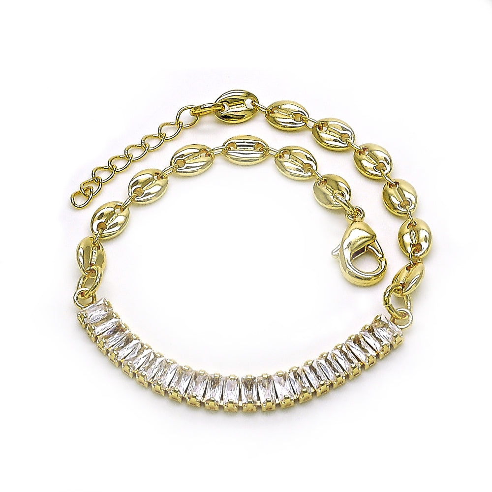 Oro Laminado Fancy Bracelet, Gold Filled Style Puff Mariner Design, with White Cubic Zirconia, Polished, Golden Finish