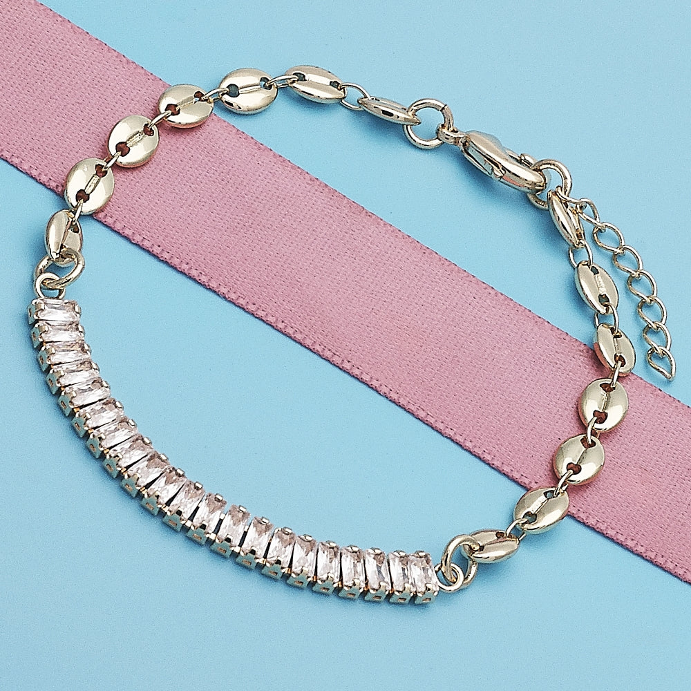 Oro Laminado Fancy Bracelet, Gold Filled Style Puff Mariner Design, with White Cubic Zirconia, Polished, Golden Finish