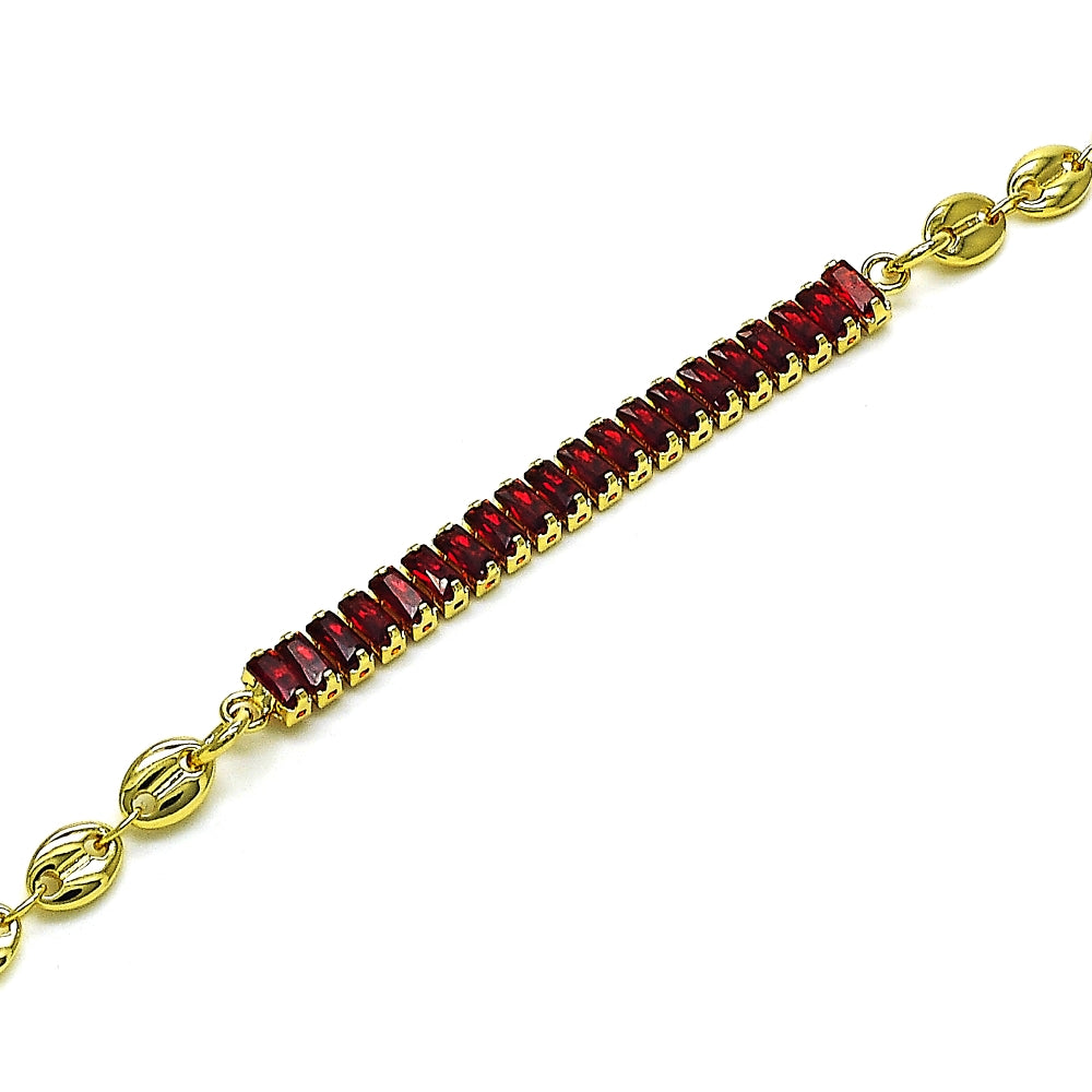 Oro Laminado Fancy Bracelet, Gold Filled Style Puff Mariner and Baguette Design, with Garnet Cubic Zirconia, Polished, Golden Finish