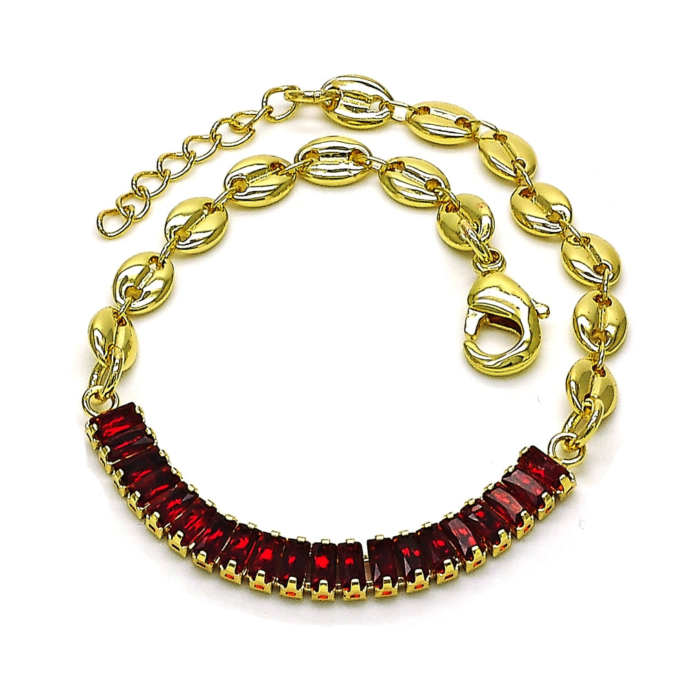 Oro Laminado Fancy Bracelet, Gold Filled Style Puff Mariner and Baguette Design, with Garnet Cubic Zirconia, Polished, Golden Finish