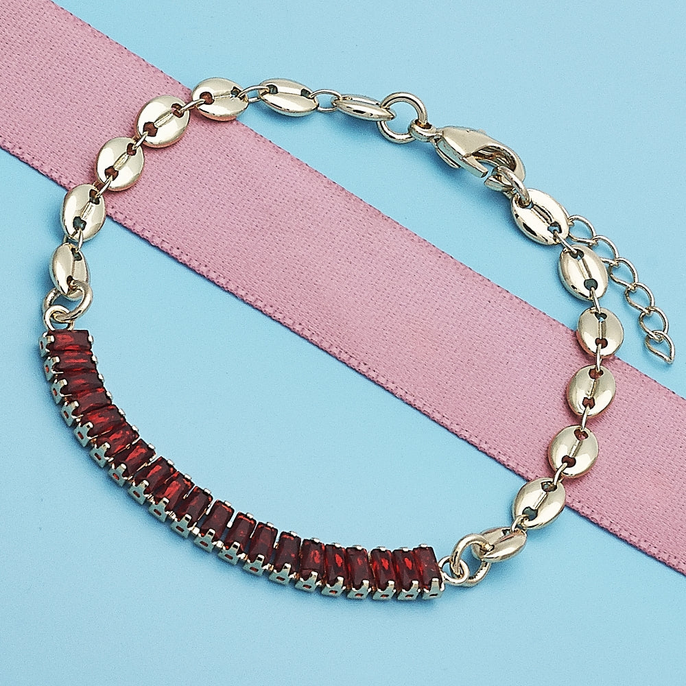 Oro Laminado Fancy Bracelet, Gold Filled Style Puff Mariner and Baguette Design, with Garnet Cubic Zirconia, Polished, Golden Finish