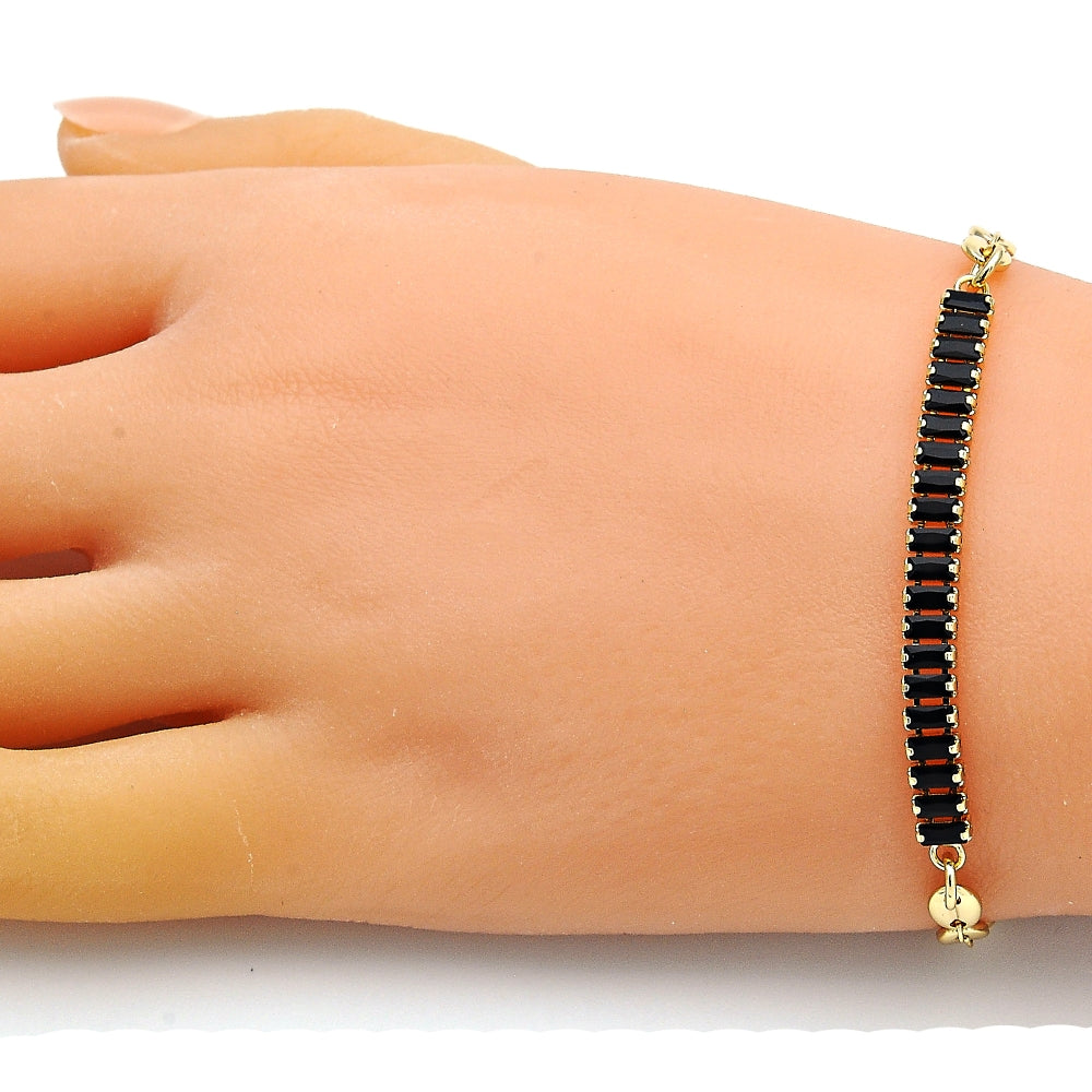 Oro Laminado Fancy Bracelet, Gold Filled Style Puff Mariner and Baguette Design, with Black Cubic Zirconia, Polished, Golden Finish