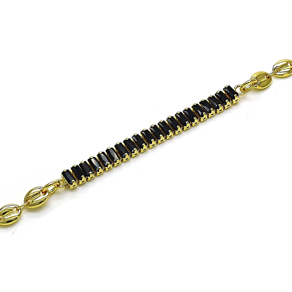 Oro Laminado Fancy Bracelet, Gold Filled Style Puff Mariner and Baguette Design, with Black Cubic Zirconia, Polished, Golden Finish