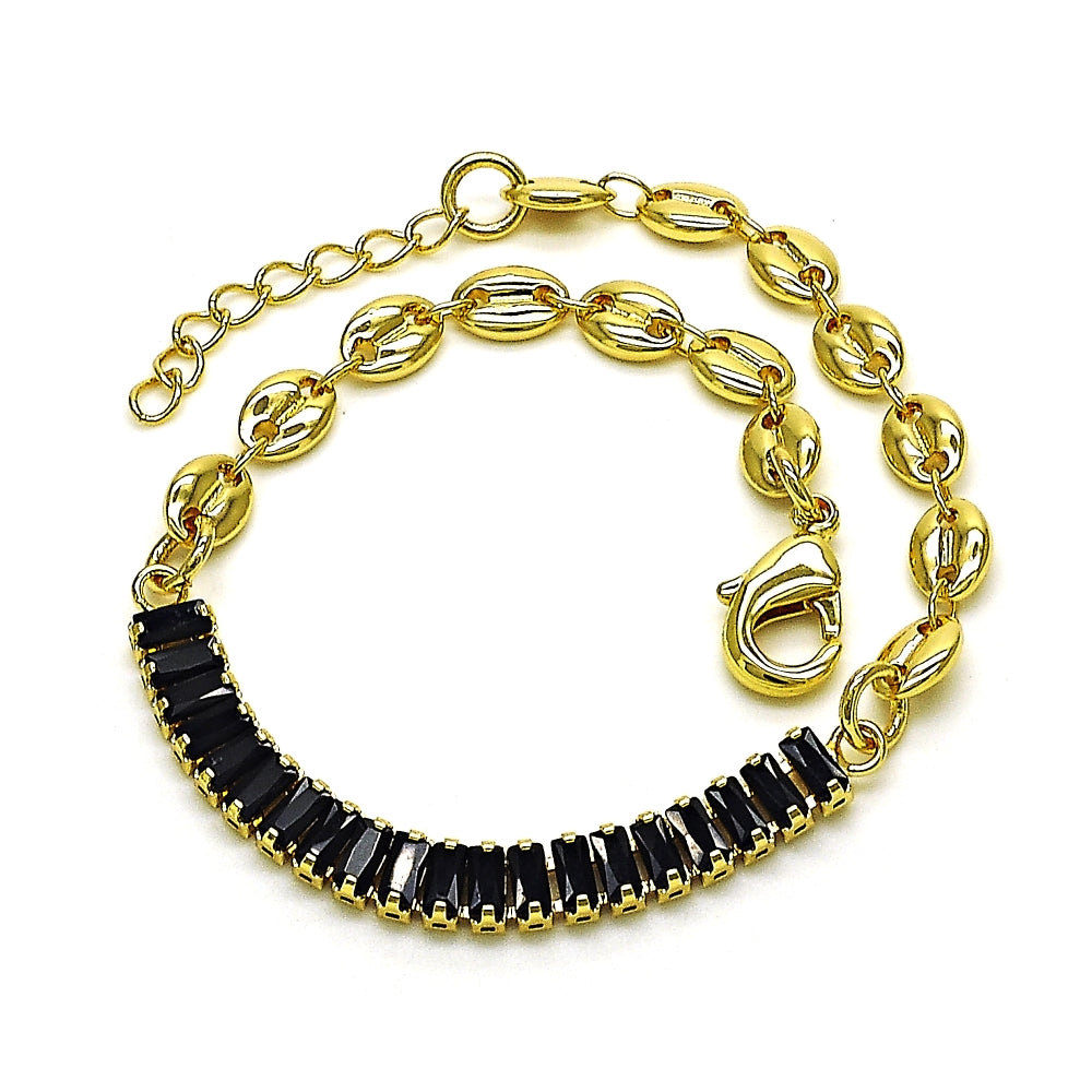Oro Laminado Fancy Bracelet, Gold Filled Style Puff Mariner and Baguette Design, with Black Cubic Zirconia, Polished, Golden Finish
