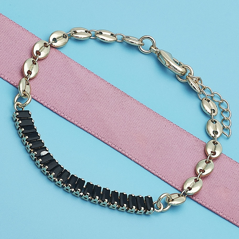 Oro Laminado Fancy Bracelet, Gold Filled Style Puff Mariner and Baguette Design, with Black Cubic Zirconia, Polished, Golden Finish