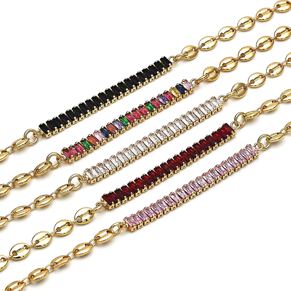 Oro Laminado Fancy Bracelet, Gold Filled Style Puff Mariner and Baguette Design, with Black Cubic Zirconia, Polished, Golden Finish