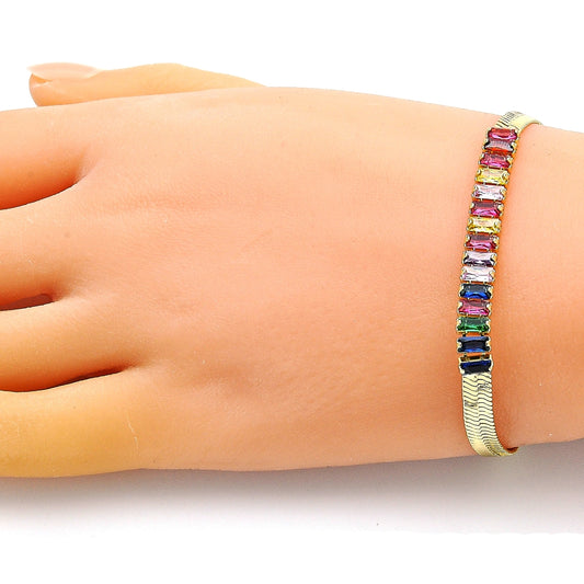 Oro Laminado Fancy Bracelet, Gold Filled Style Baguette Design, with Multicolor Cubic Zirconia, Polished, Golden Finish
