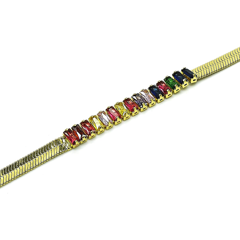 Oro Laminado Fancy Bracelet, Gold Filled Style Baguette Design, with Multicolor Cubic Zirconia, Polished, Golden Finish