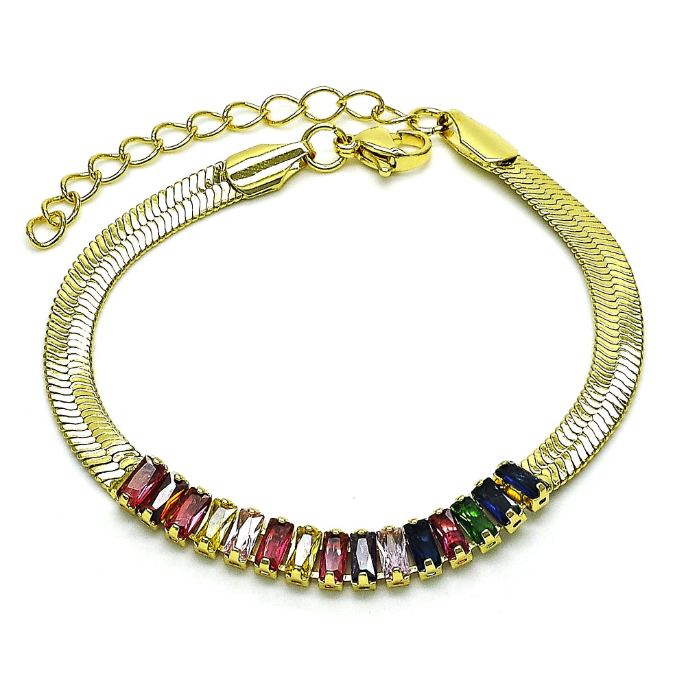 Oro Laminado Fancy Bracelet, Gold Filled Style Baguette Design, with Multicolor Cubic Zirconia, Polished, Golden Finish