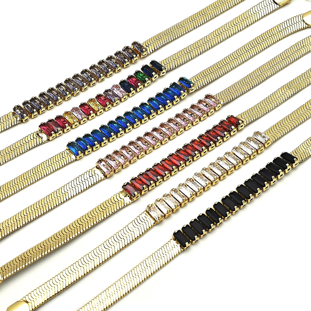 Oro Laminado Fancy Bracelet, Gold Filled Style Baguette Design, with Multicolor Cubic Zirconia, Polished, Golden Finish