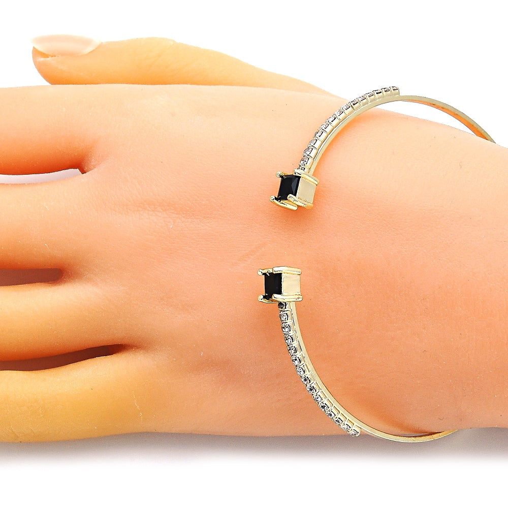 Oro Laminado Individual Bangle, Gold Filled Style with Black Cubic Zirconia and White Crystal, Polished, Golden Finish