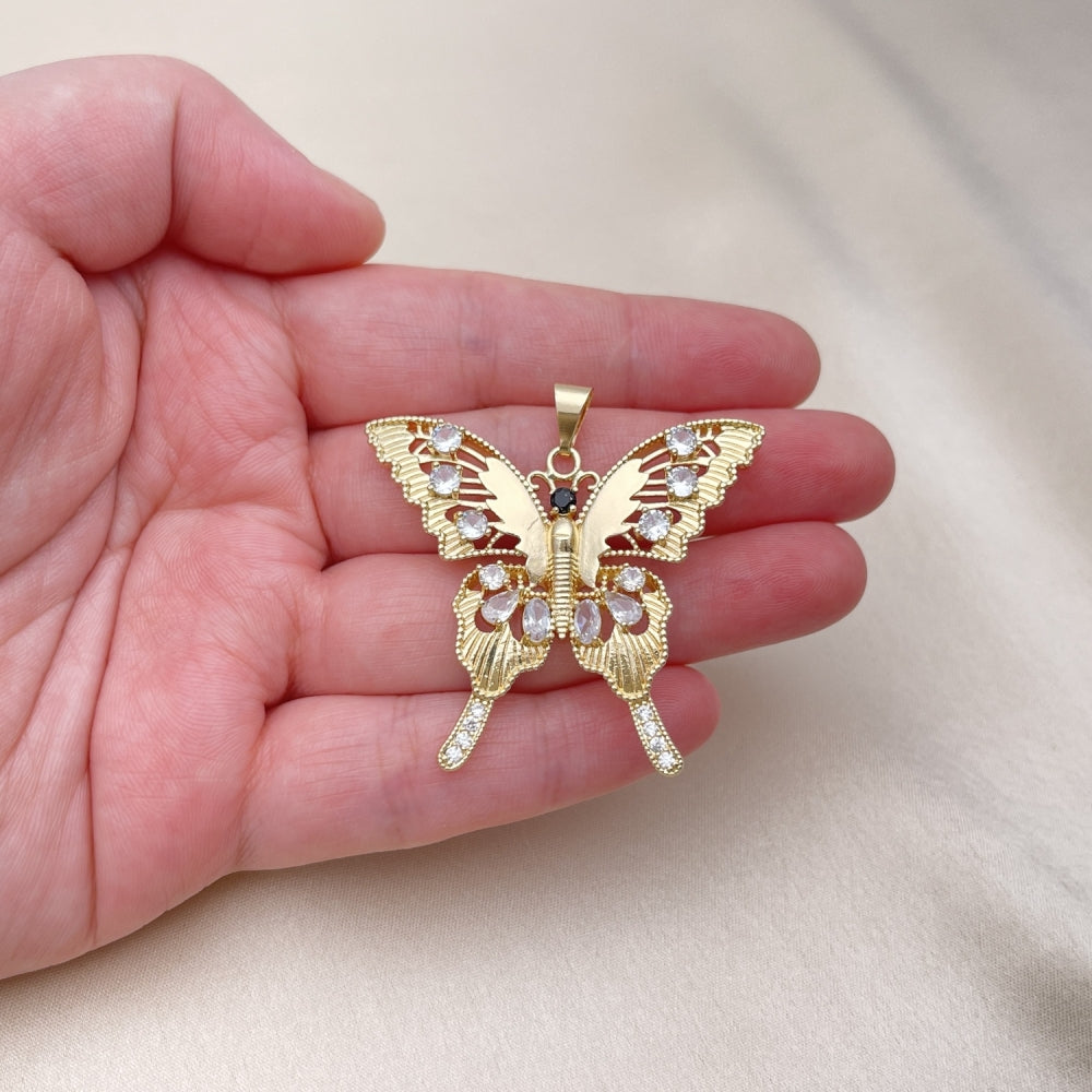 Oro Laminado Fancy Pendant, Gold Filled Style Butterfly Design, with White and Black Cubic Zirconia, Polished, Golden Finish
