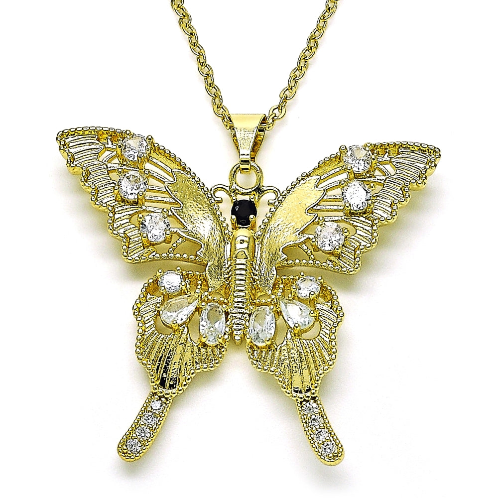 Oro Laminado Fancy Pendant, Gold Filled Style Butterfly Design, with White and Black Cubic Zirconia, Polished, Golden Finish