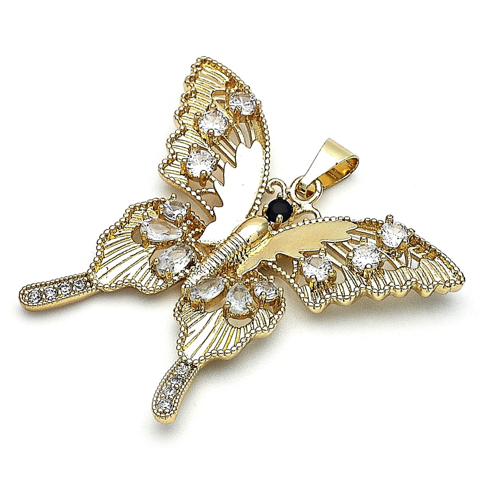 Oro Laminado Fancy Pendant, Gold Filled Style Butterfly Design, with White and Black Cubic Zirconia, Polished, Golden Finish