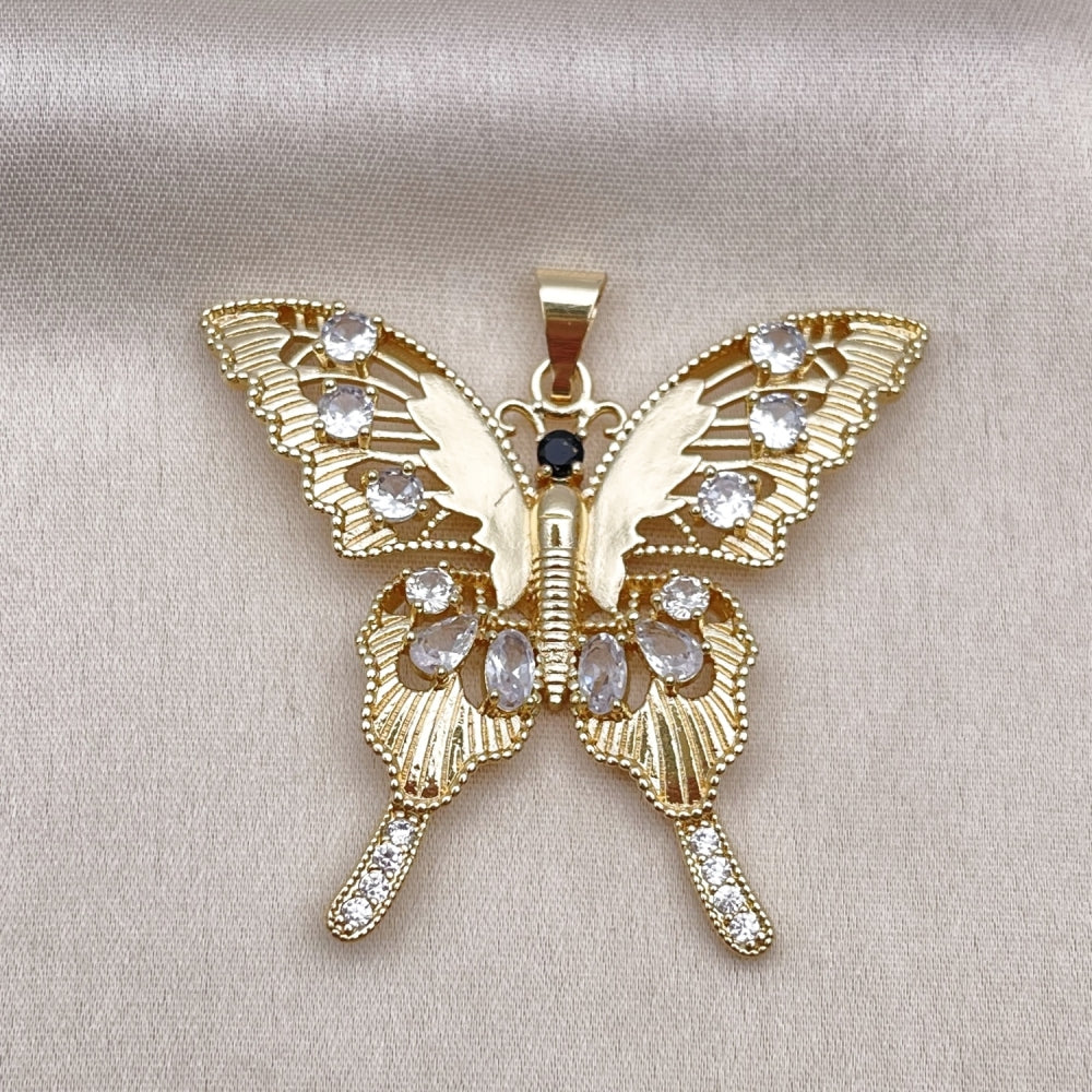 Oro Laminado Fancy Pendant, Gold Filled Style Butterfly Design, with White and Black Cubic Zirconia, Polished, Golden Finish